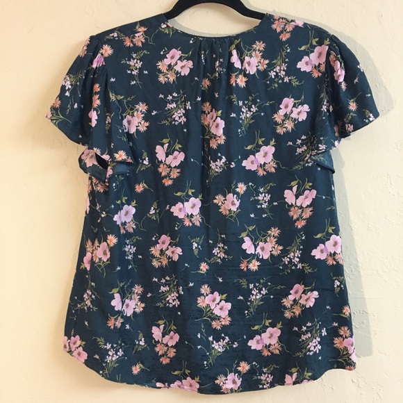 Rebecca Taylor 100% Silk Flutter Sleeve Blouse Size 12 Floral Green Pink V- neck - Picture 5 of 8